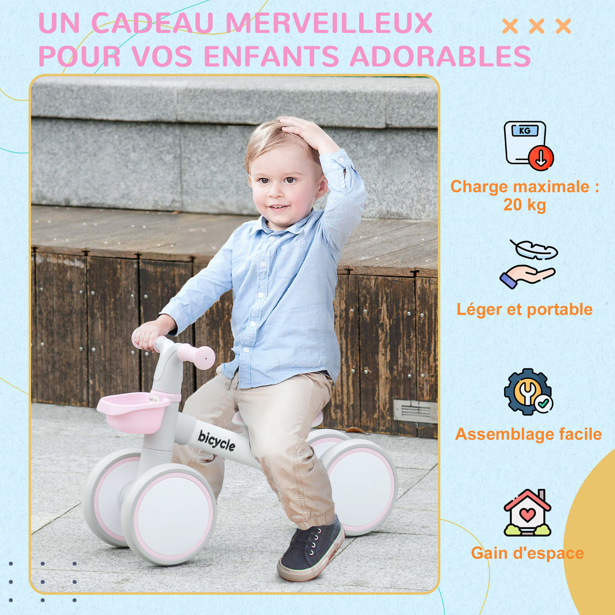 Draisienne vélo Enfant 4 roues selle réglable, guidon ergonomique alliage alu. PP, enfant 1 à 3 ans - Gris Blanc Rose