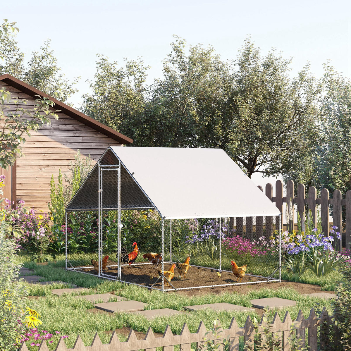 Enclos pour Poules XXL 6 m² - Grand Parcours Extérieur en Acier Galvanisé 3x2x2m - Volière de Jardin Anti-renard avec Bâche de Toit pour 4-6 Poules, Canards ou Lapins, Gris