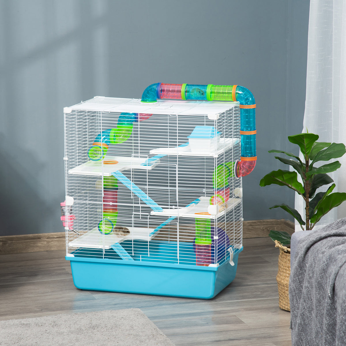 Grande cage pour hamsters cage pour rongeur 5 niveaux avec tunnels abreuvoir roue maisonnette échelles dim. 59L x 36l x 69H cm