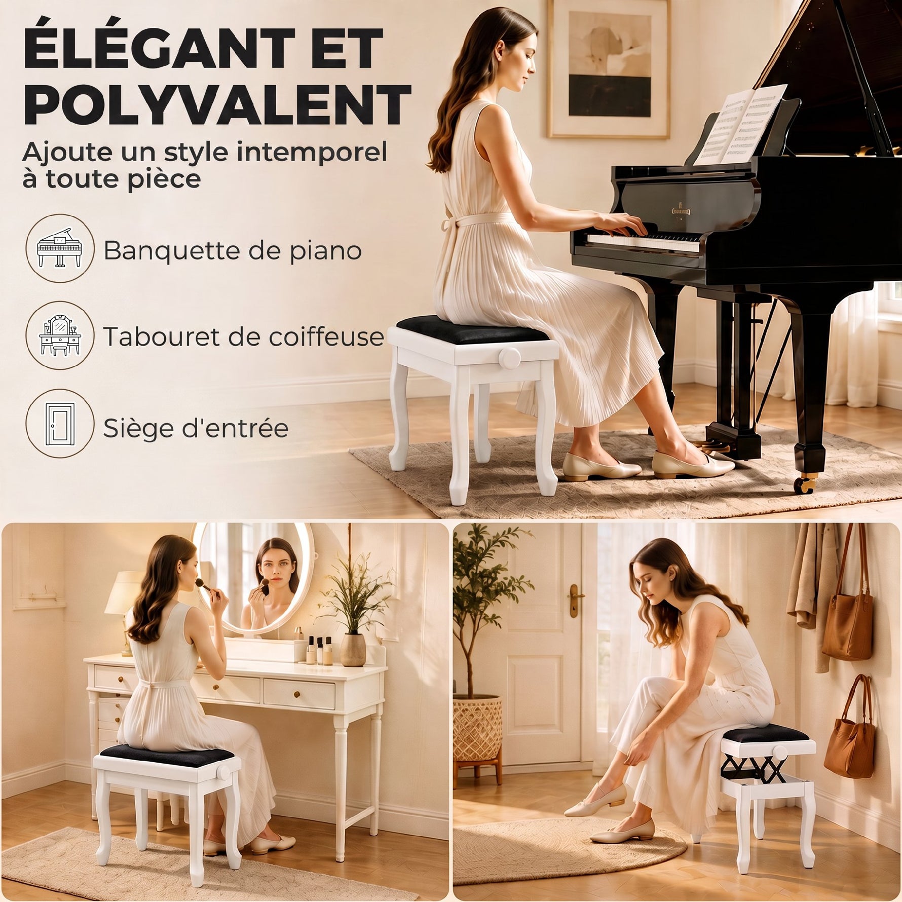 Banc de Piano, Tabouret Piano Réglable en Hauteur 45-56 cm, Banc de Clavier, Siège Rembourré en Velours, Blanc