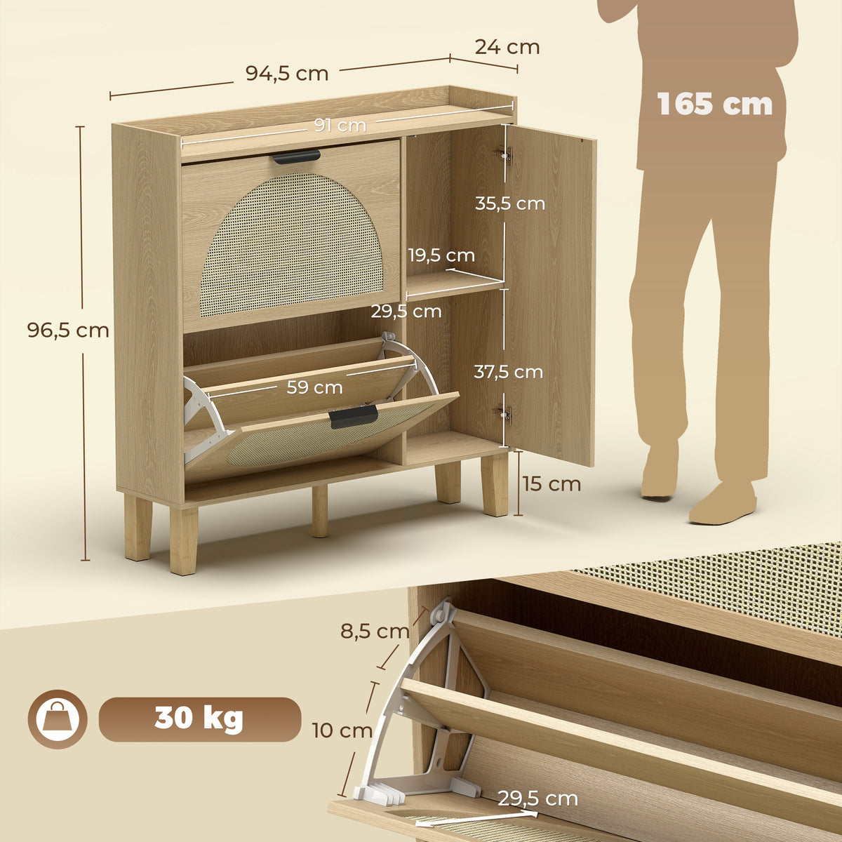 Meuble à Chaussures 10 Paires, Armoire à Chaussures, Porte en Miroir, 2 Tiroirs Rabattables et Étagères Réglables, Chêne