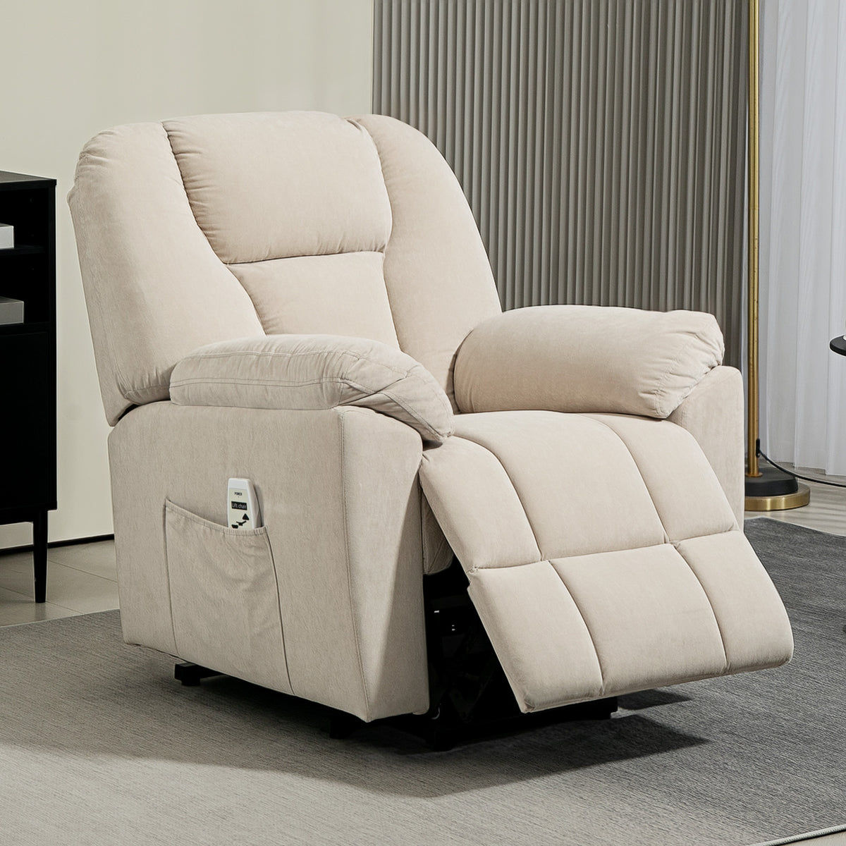 Elektrische sta-opstoel met massage- en verwarmingsfunctie, verstelbare rugleuning, USB-poorten, afstandsbediening, beige