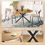 Table à manger ronde pour 4 personnes 120 cm style industriel avec plateau aspect bois, piètement croisé en acier, chêne