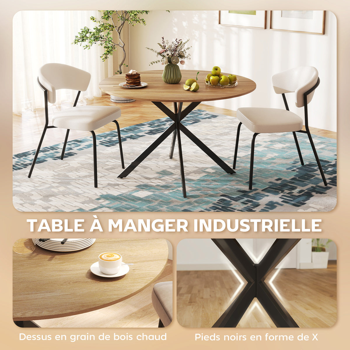 Table à manger ronde pour 4 personnes 120 cm style industriel avec plateau aspect bois, piètement croisé en acier, chêne