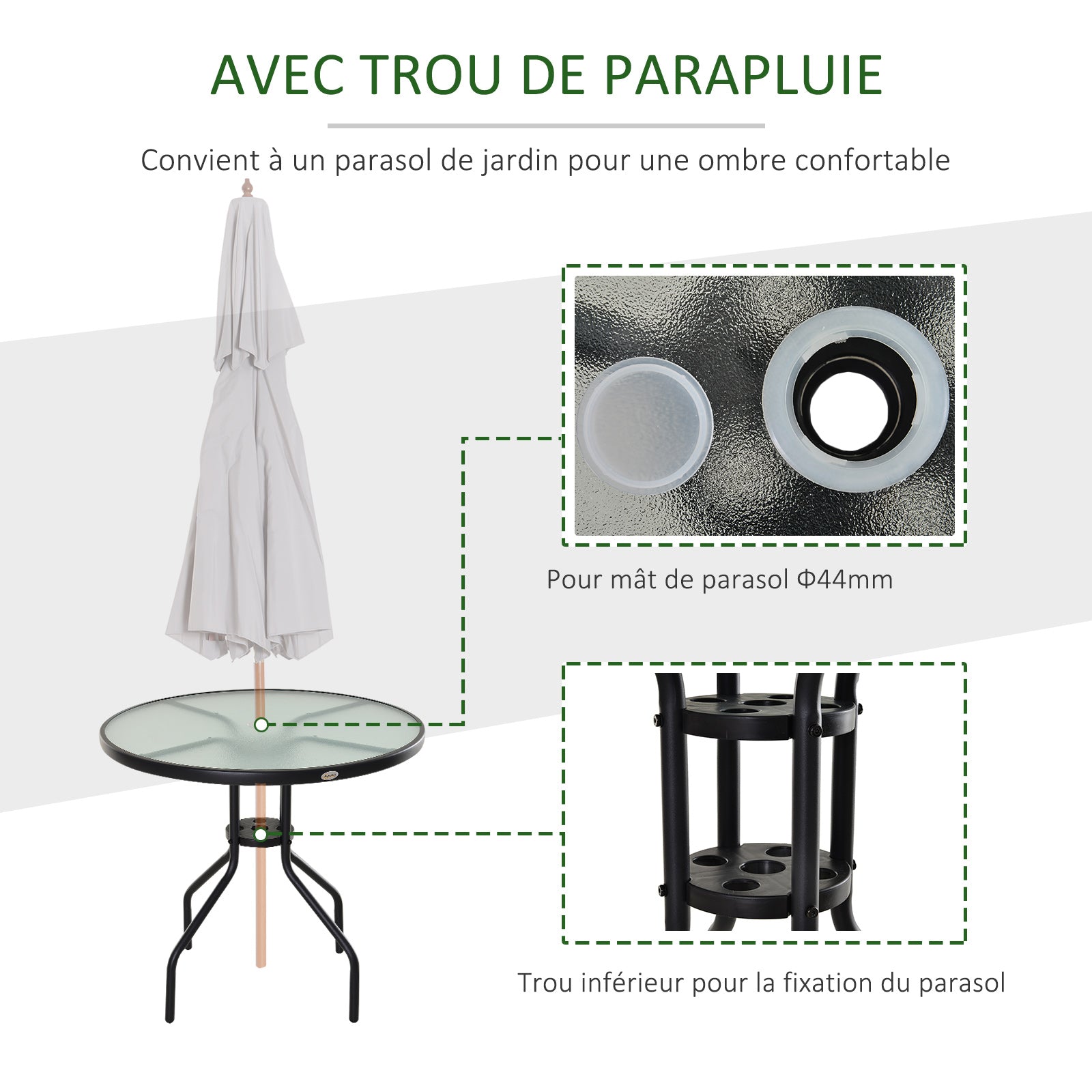 Table Ronde Bistro de Jardin Ø 80 x 72H cm Espace Installation Parasol Acier époxy Noir Plateau Verre trempé