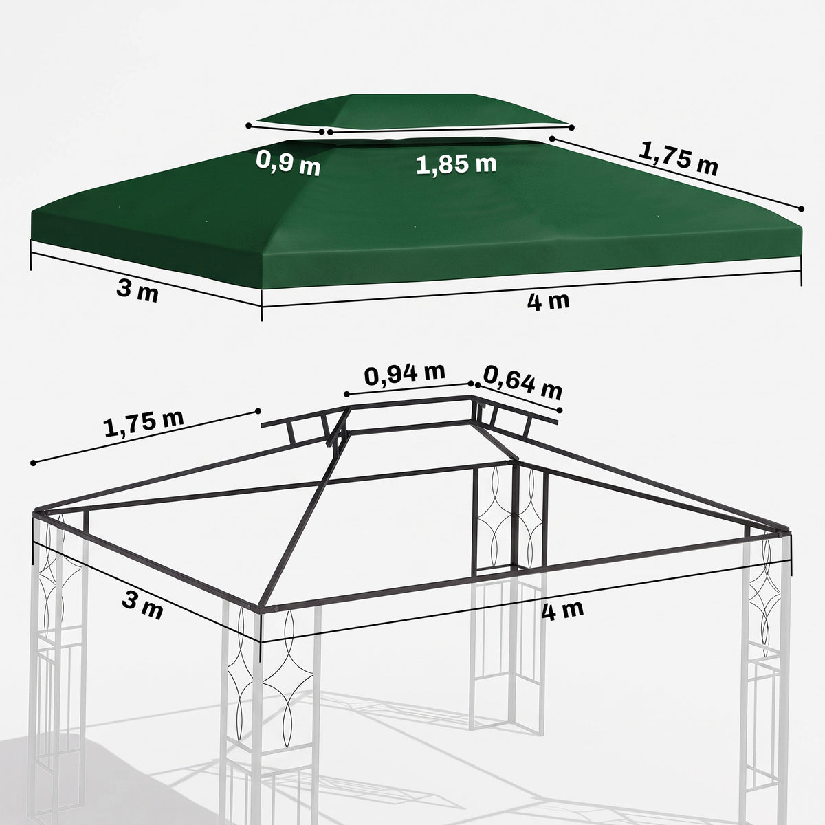 Toile de rechange pour pavillon tonnelle tente 3 x 4 m polyester haute densité 180 g/m² vert