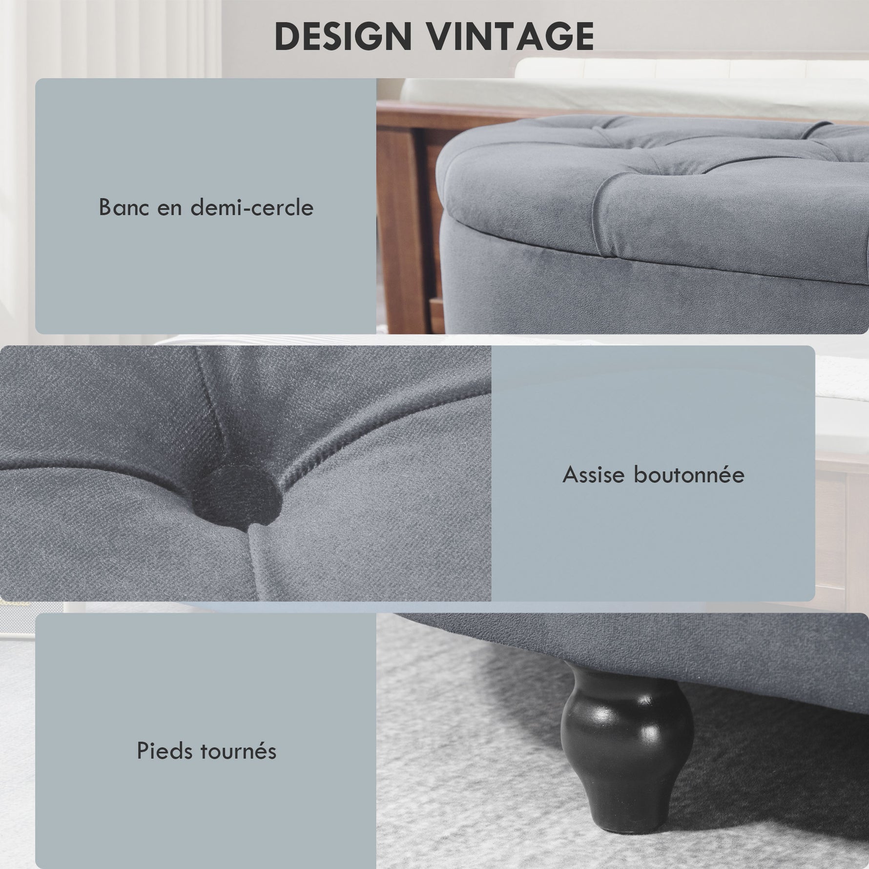 Pouf de Rangement Coffre 2 en 1 - Pouf capitonné Demi-Cercle - Pieds Bois hévéa Noir revêtement Velours Bleu