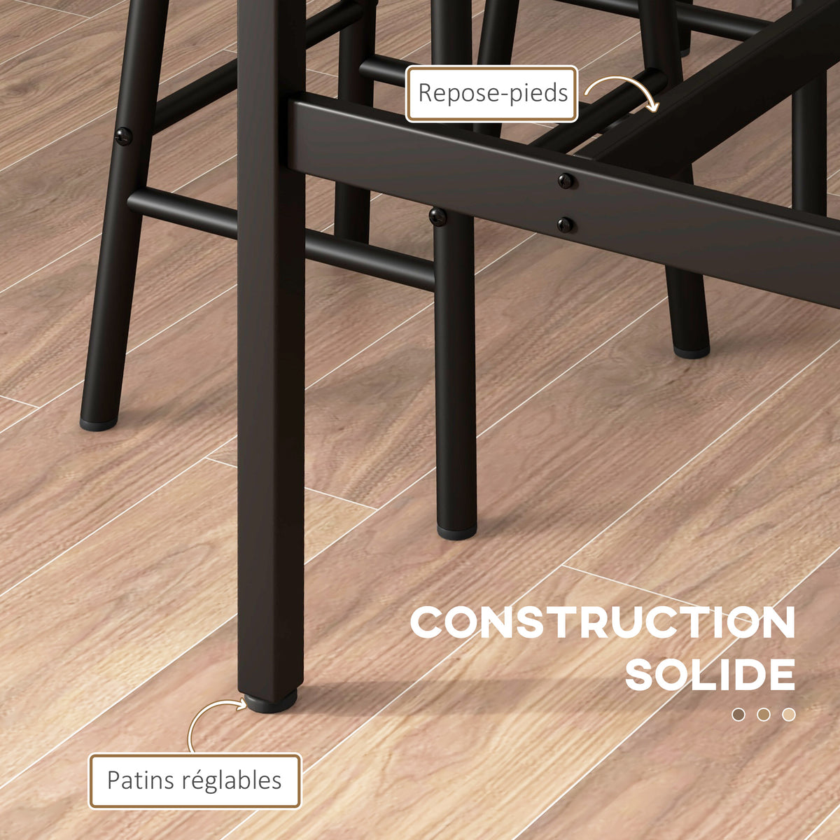 Conjunto de mesa alta de bar + 2 taburetes, estructura de acero, tablero con efecto madera de caoba, para 2 personas, negro