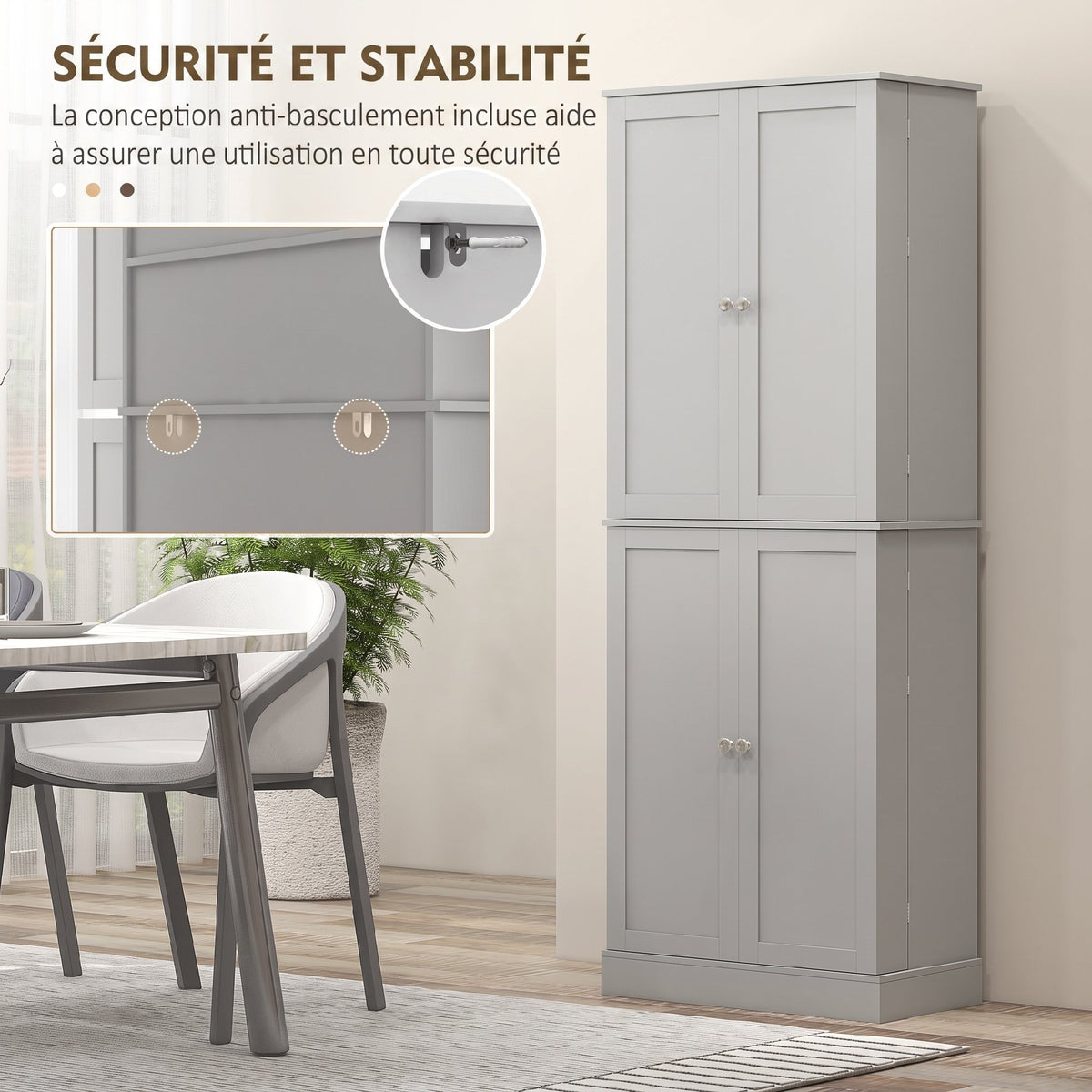 Credenza da cucina con armadietti, ripiano regolabile e portaspezie, 60 x 35 x 166 cm, grigio