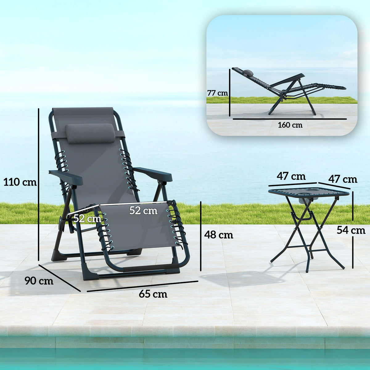 Lot de 2 chaise longue pliable et inclinable avec table d'appoint, porte-gobelets et appuie-têtes, charge 120 kg, gris