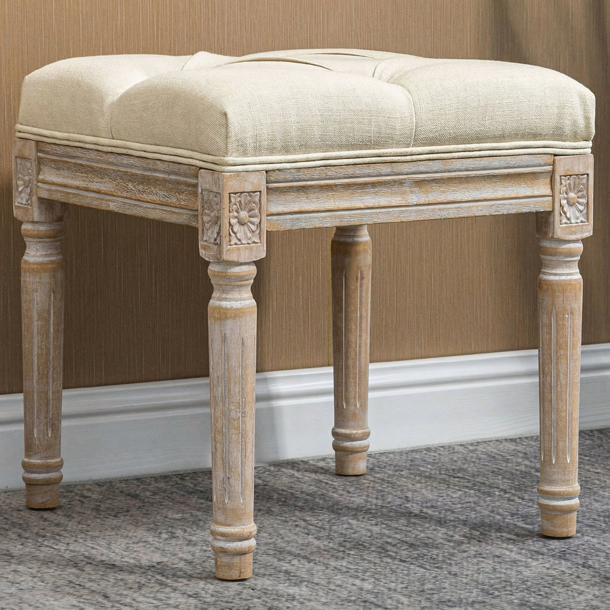 Repose pied salon, ottoman, siège rembourré en tissu aspect lin avec pieds en bois d'hévéa, 40 x 40 x 43 cm, beige