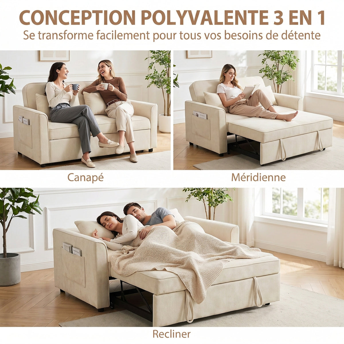 Canapé Convertible 2 Places 3 en 1, Canapé-Lit Clic Clac en Chenille 142 cm, Dossier Réglable, 2 Oreillers, Beige-3