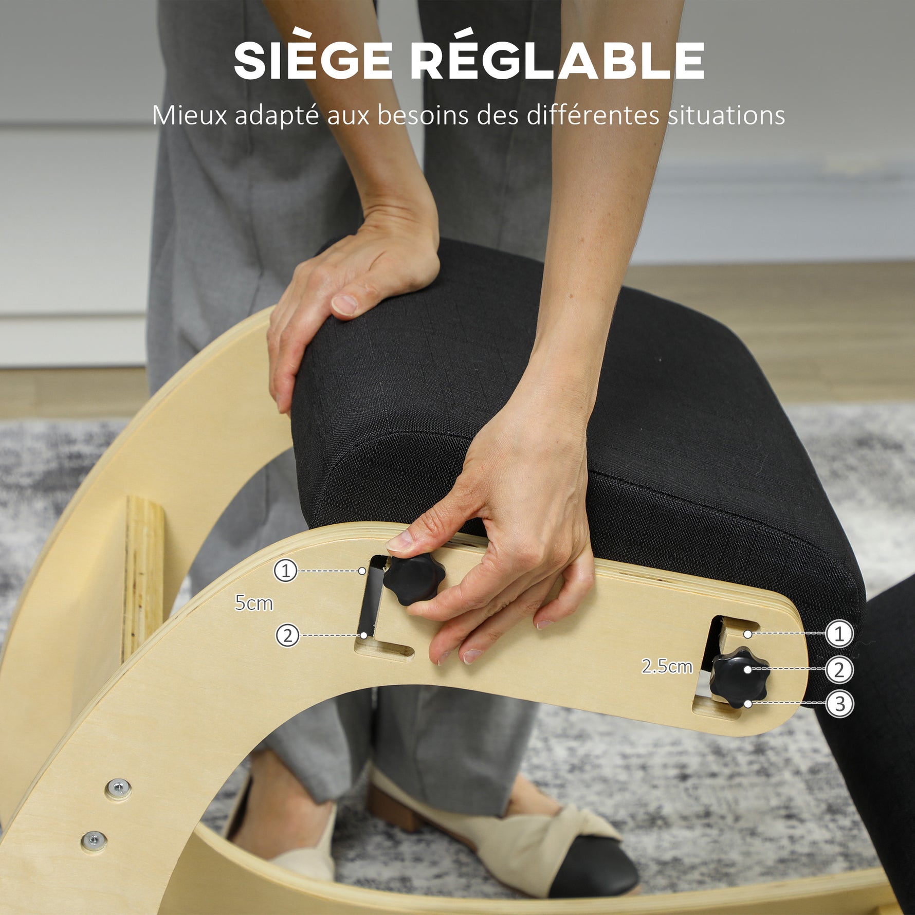 Siège assis genoux, siège ergonomique en bois avec fonction à bascule, chaise à genoux réglable pour bureau à domicile
