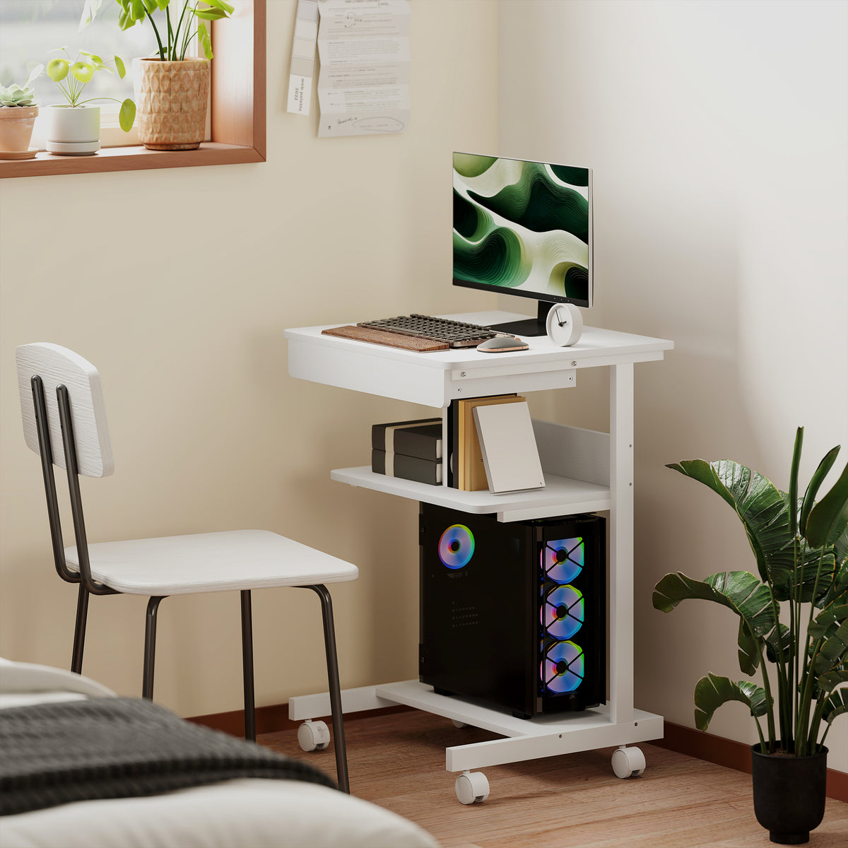 Bureau d'ordinateur sur roues, bureau avec rangement 56 x 51 cm avec tiroir, compartiment et support CPU, blanc