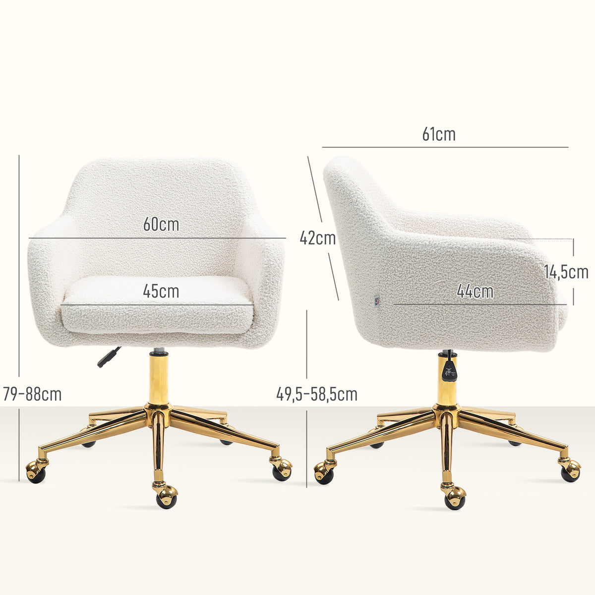 Chaise de bureau fauteuil de bureau avec roulettes hauteur réglable assise pivotante à 360° 60 x 61 x 79-88 cm crème