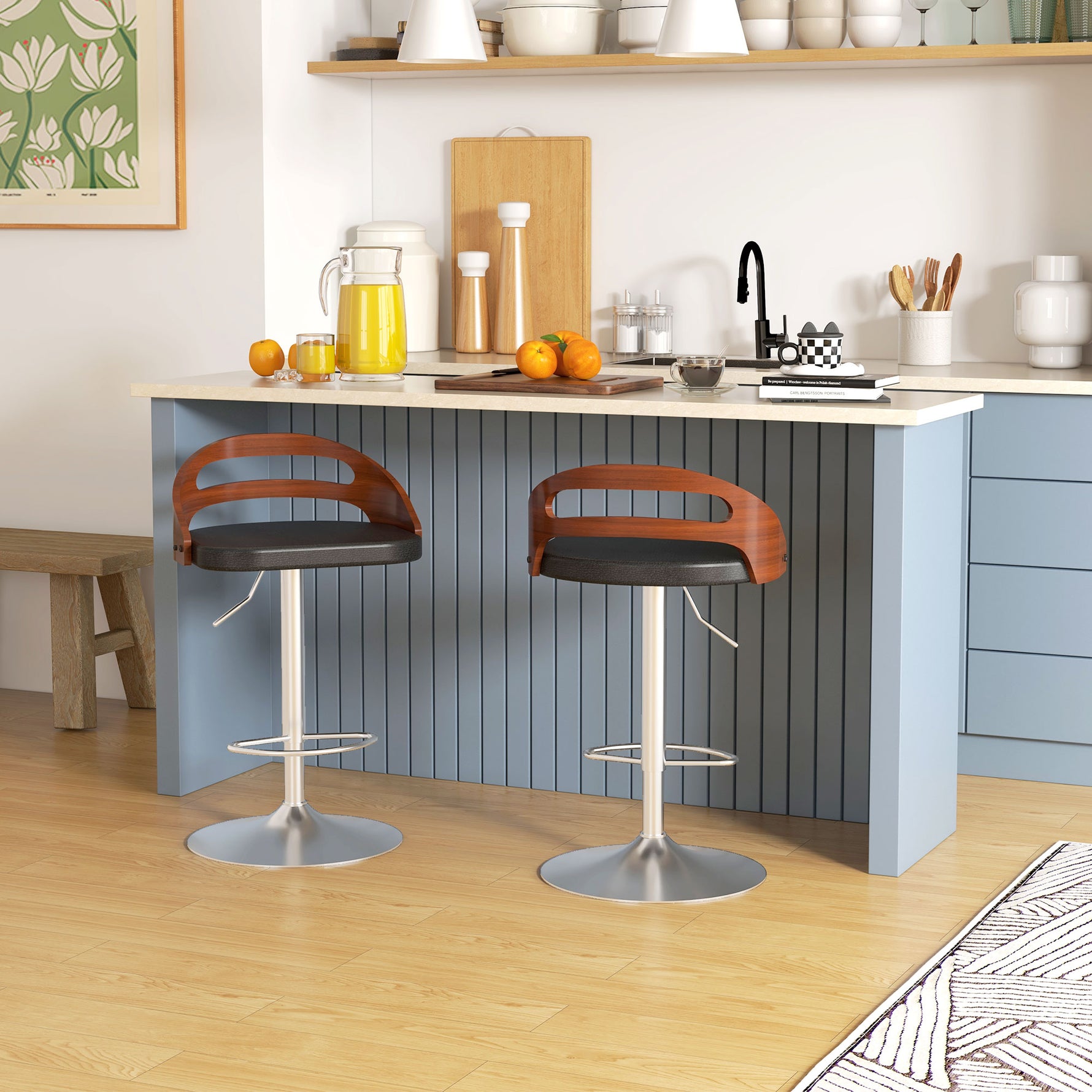 Lot de 2 tabourets de Bar Hauteur d'assise réglable pivotant 360° revêtement synthétique Noir Dossier ajouré