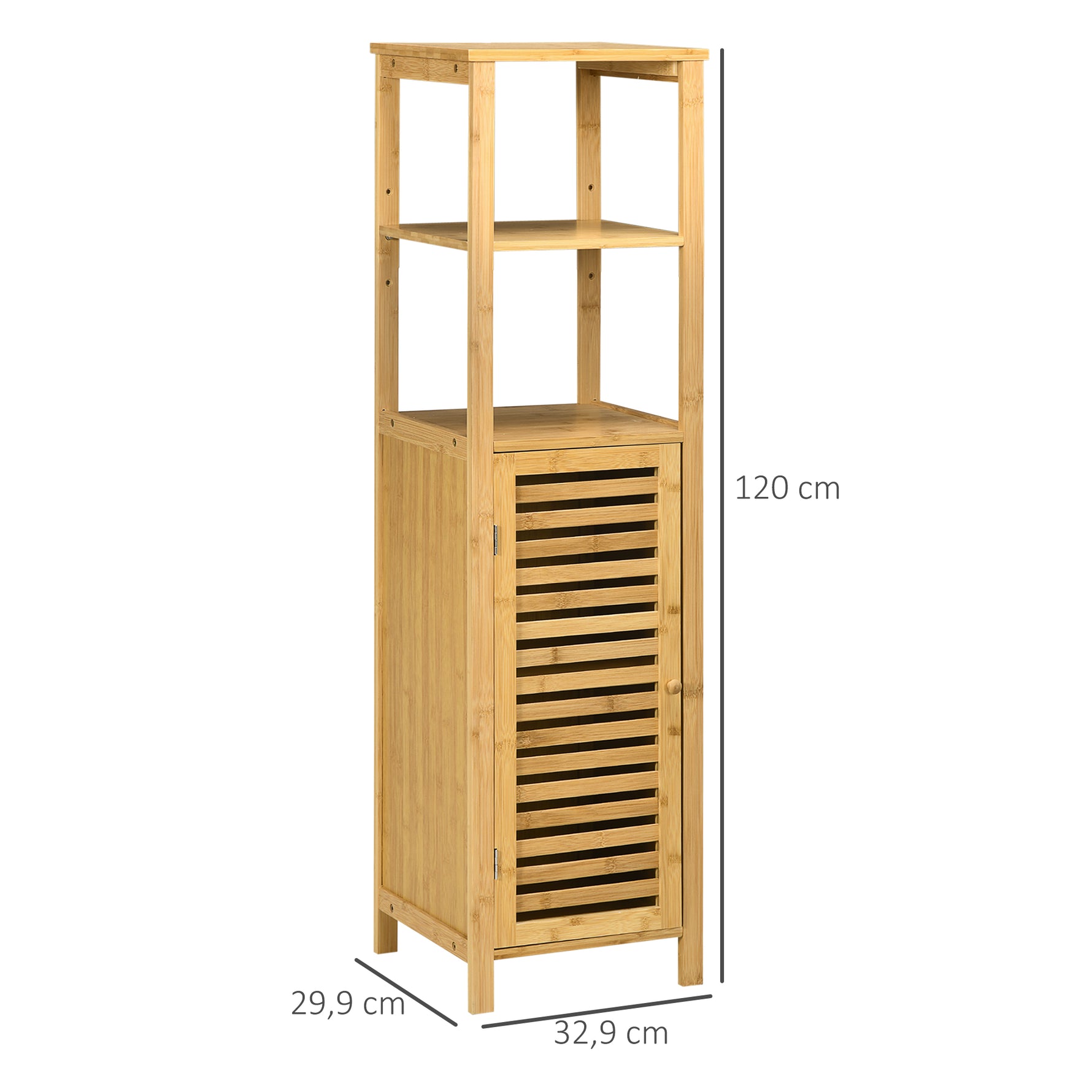 Meuble colonne salle de bain en bambou 2 étagères ouvertes et placard, 32,9 x 29,9 x 120 cm, bois naturel