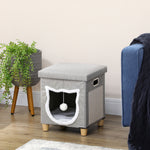 2-in-1 overdekte kattenmand voor binnen, houten poten, uitneembaar en wasbaar kussen, speelbal, 35,5x35,5x42,5cm, grijs