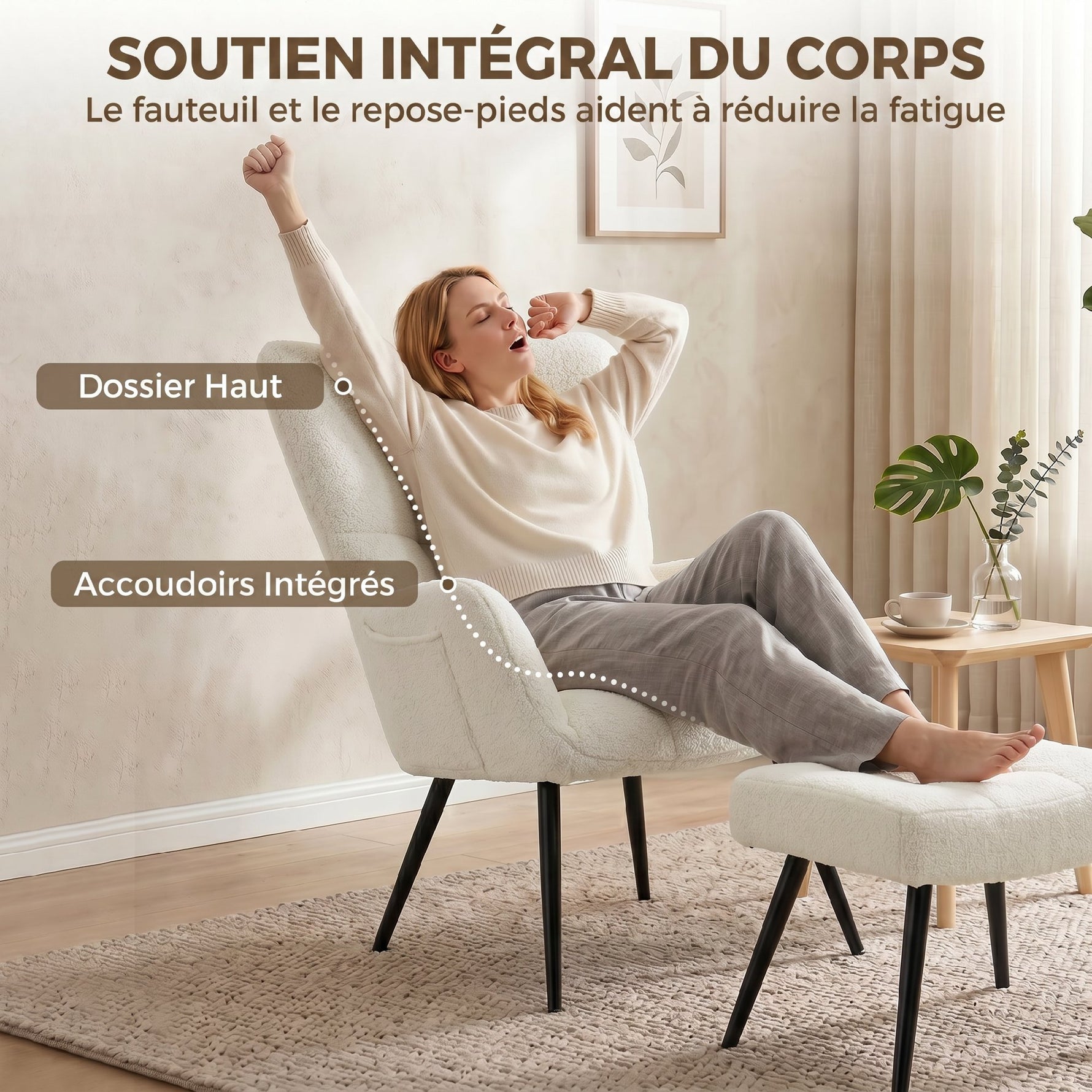 Fauteuil de Salon avec Repose-Pied, Fauteuil d'Appoint Capitonné en Peluche Teddy, Dossier Haut, Poches Latérales, Beige