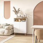 Meuble de rangement buffet sur pied scandinave placard 2 portes avec étagère intérieure blanc et aspect bois