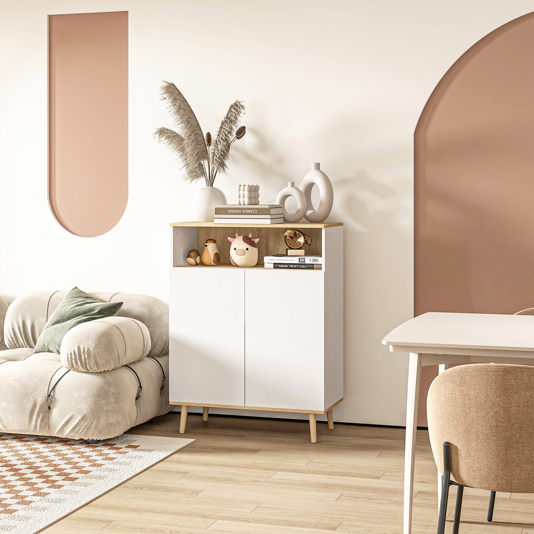Meuble de rangement buffet sur pied scandinave placard 2 portes avec étagère intérieure blanc et aspect bois