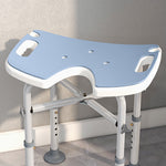 Taburete de ducha, altura ajustable de 39 a 51,5 cm, barra de apoyo con ventosa, patas con ventosas, azul claro