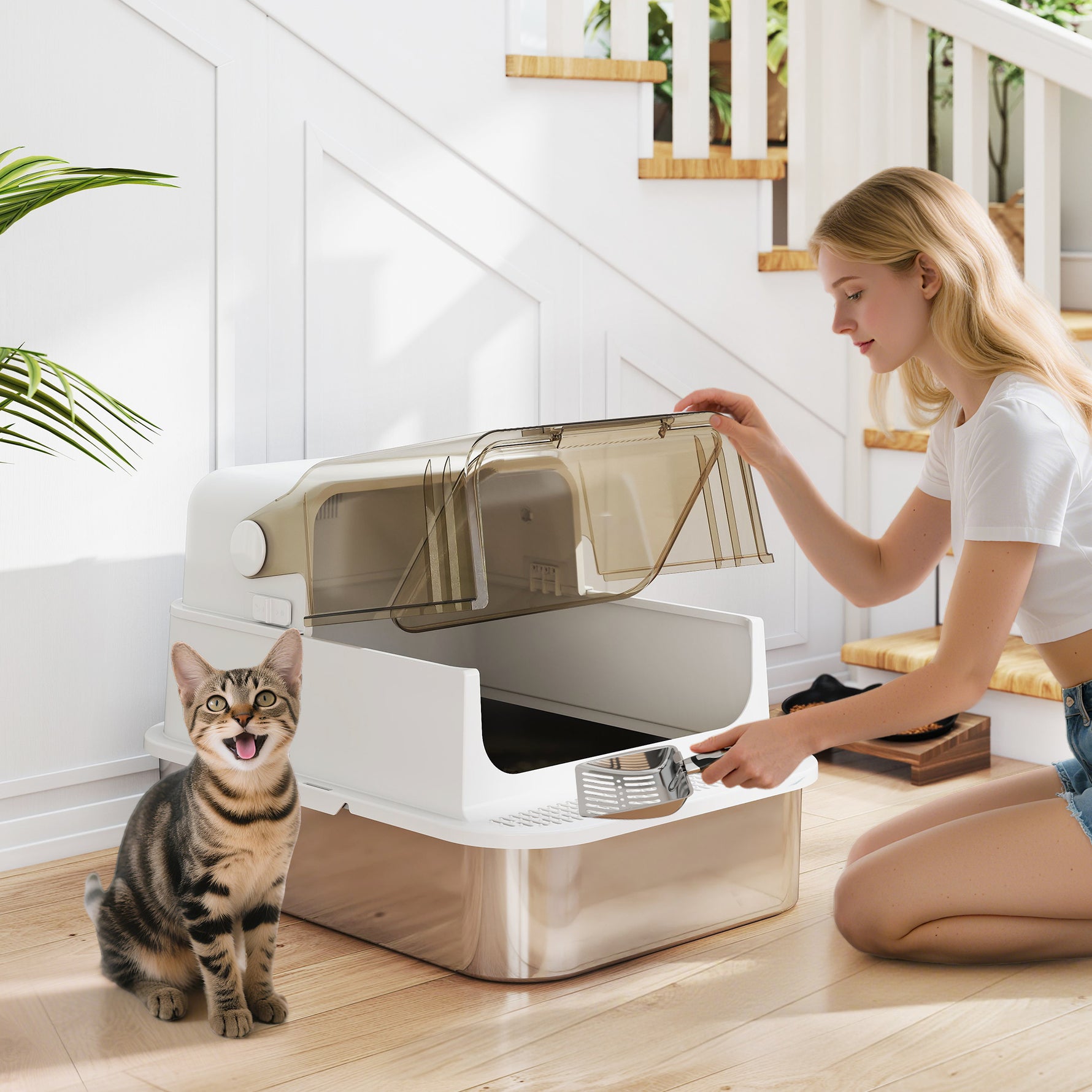 Bac à litière pour chat fermé en acier inoxydable, maison de toilette pour chat avec pelle, 70 x 50 x 46,5 cm, blanc