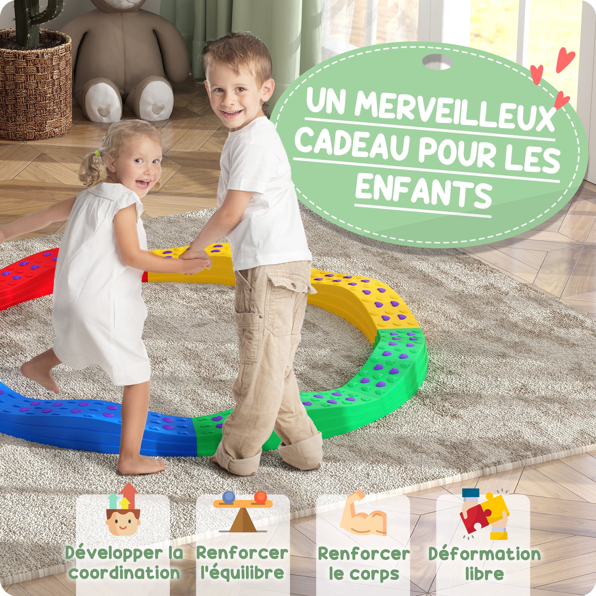 Children's balance beam, 8 wavy stepping stones with non-slip textured surface and bottom mat