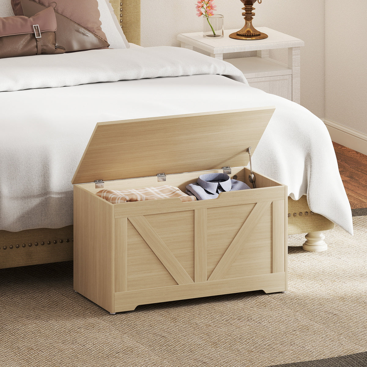 Coffre de rangement, banc de rangement avec couvercle rabattable et charnières de sécurité, 80 x 40 x 45 cm, bois naturel