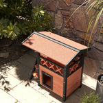 Buitenkattenhuis met terras, trap, dak, villa-nachthok, 77 x 50 x 73 cm bruin en rood