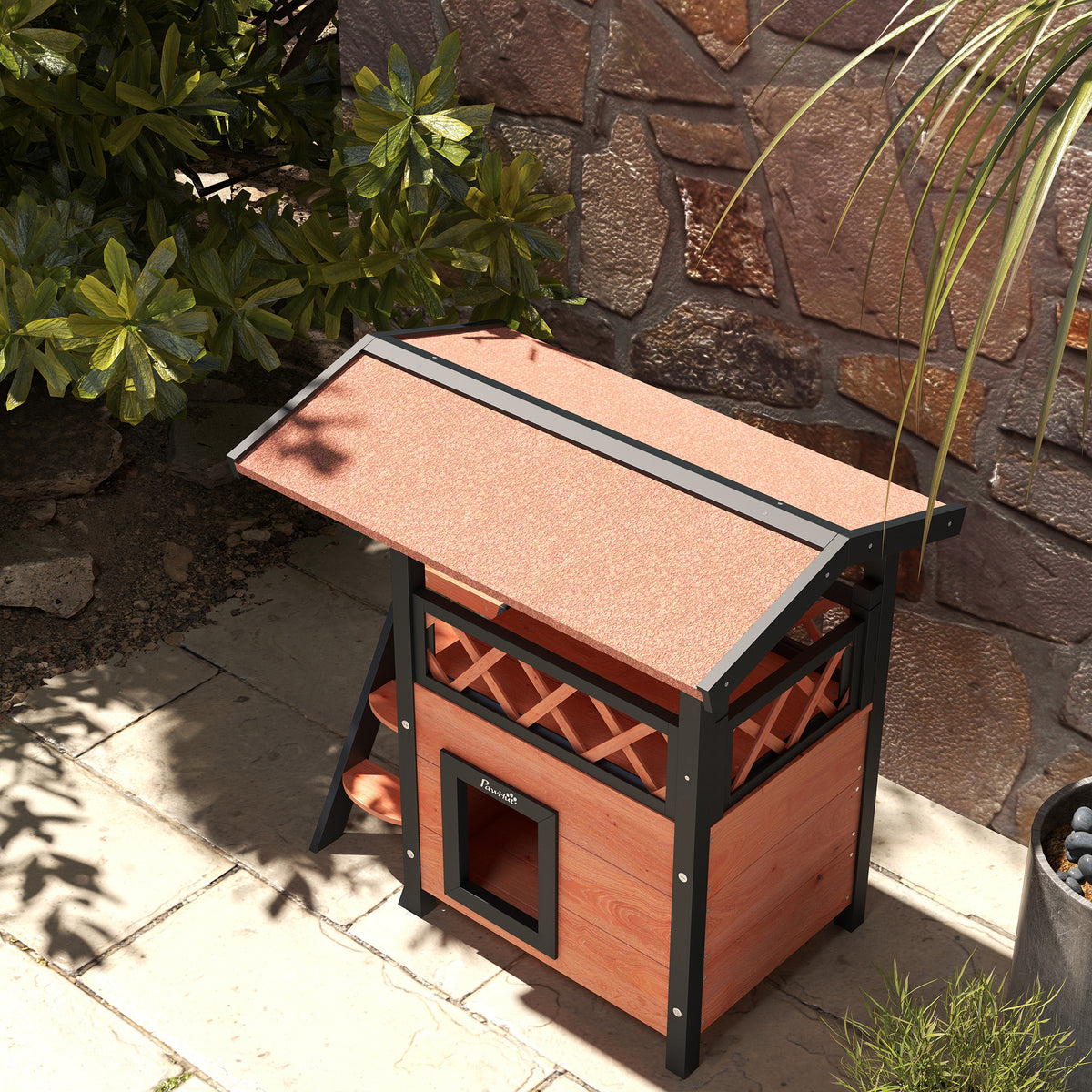 Buitenkattenhuis met terras, trap, dak, villa-nachthok, 77 x 50 x 73 cm bruin en rood