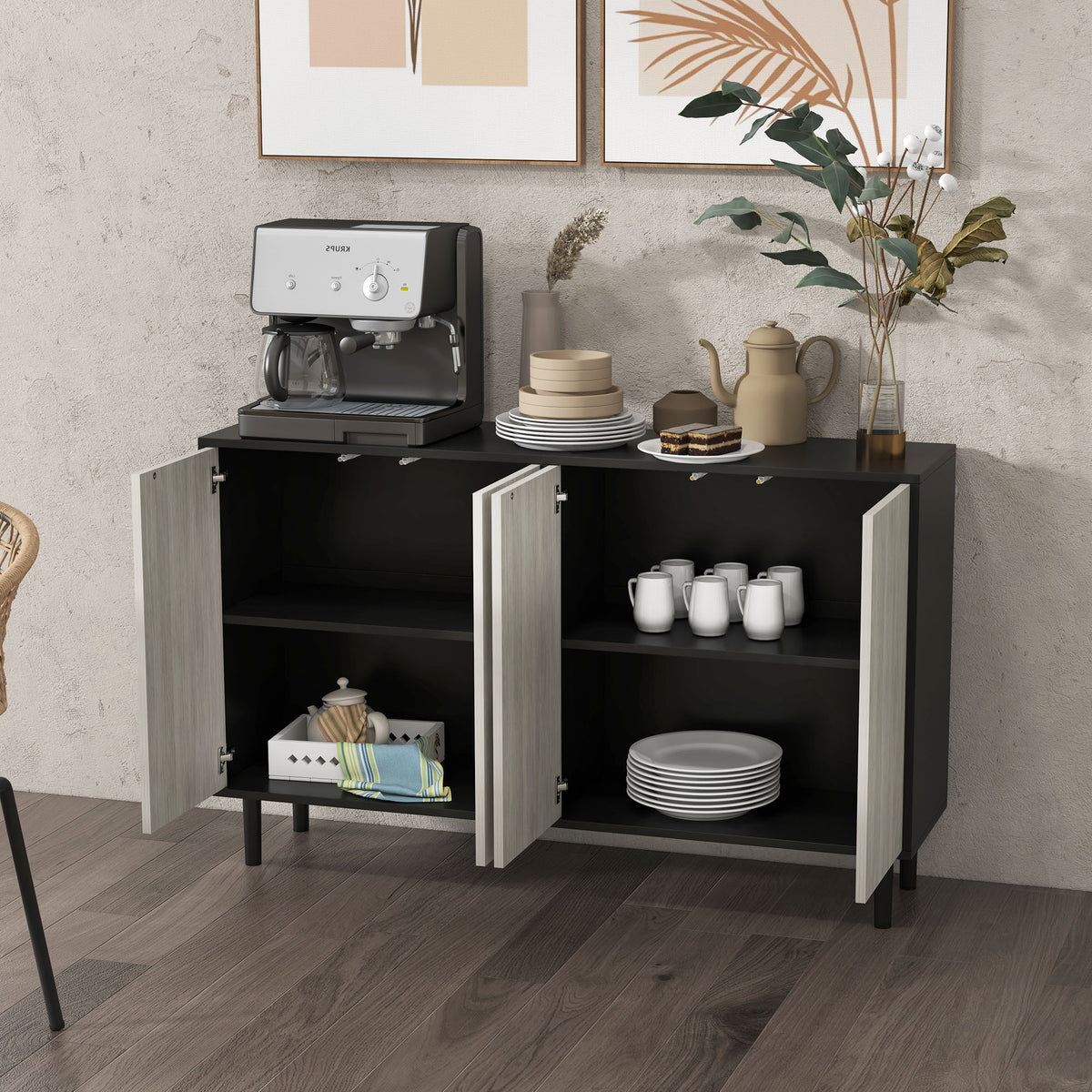 Buffet de cuisine meuble de rangement 2 placards avec étagères réglables, 121 x 37 x 75 cm, noir et aspect bois gris