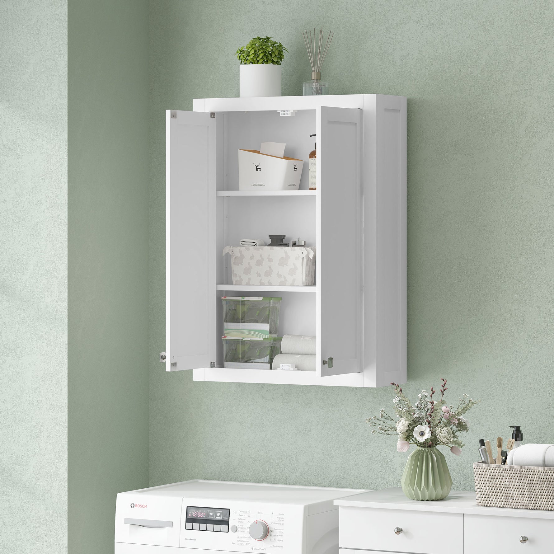 Armoire murale de salle de bain 3 niveaux, meuble de rangement suspendu  2 portes étagère réglable 61 x 20 x 84 cm blanc