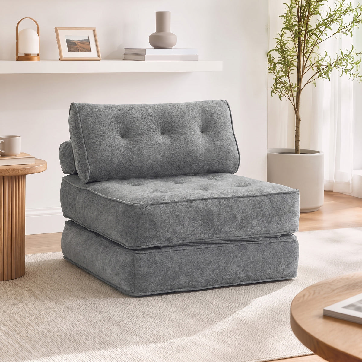 Fauteuil Convertible 1 Place 95 x 220 cm avec 2 Oreillers, Siège Épais, Fauteuil-Lit Chauffeuse 3 en 1, Gris Clair