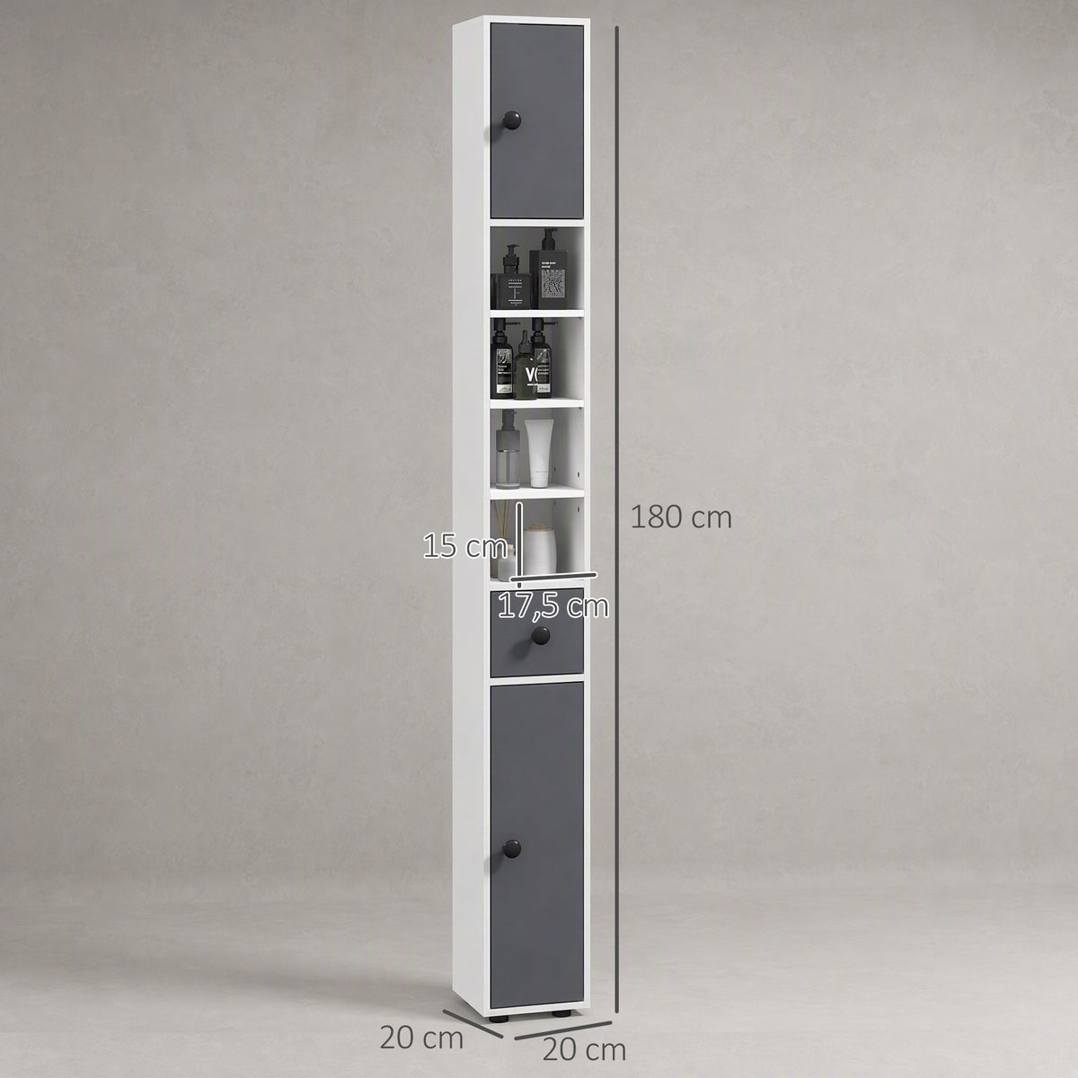 Colonne de rangement armoire haute pour salle de bain 1 tiroir 4 étagères réglables et 2 placards 20 x 20 x 180 cm gris