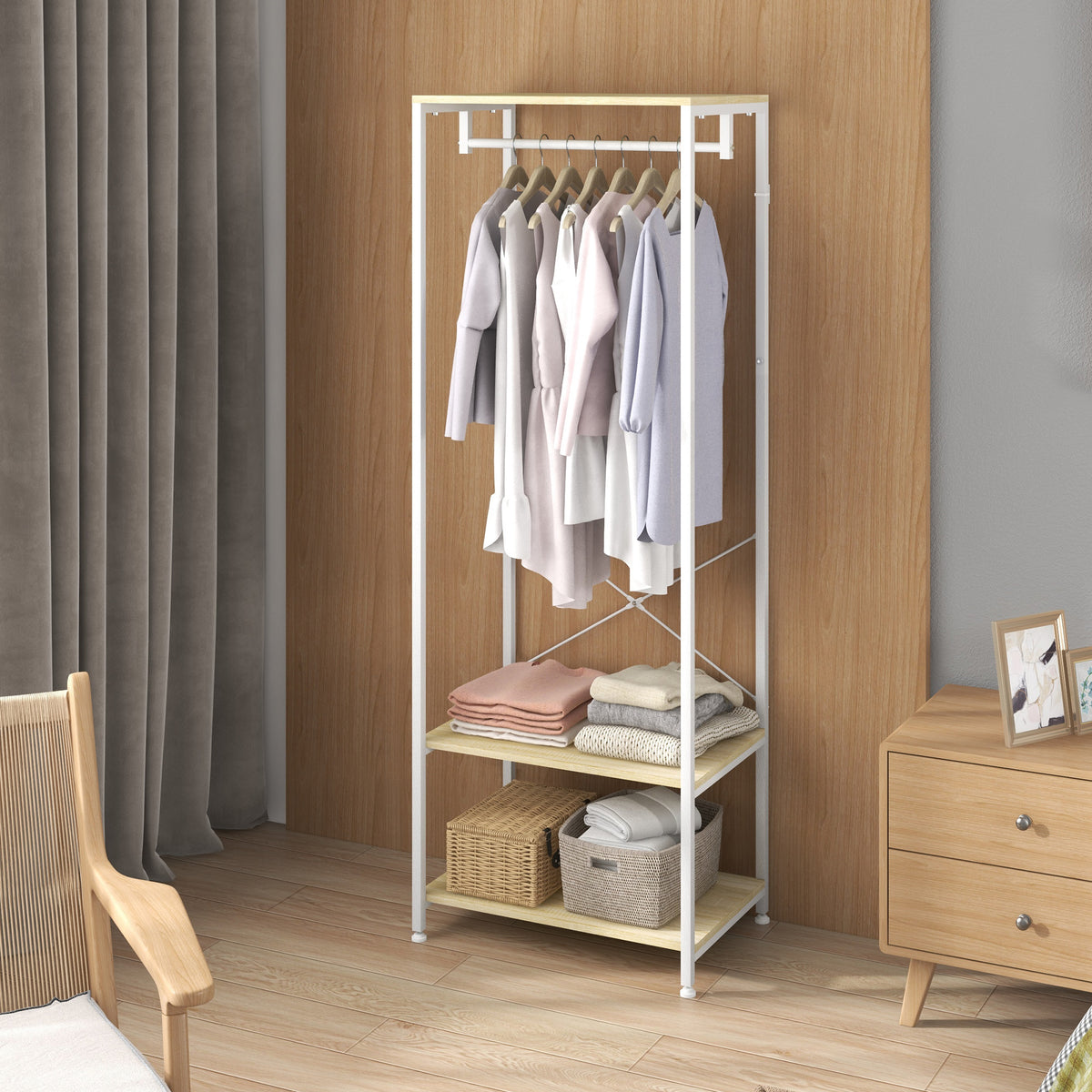 Coat rack with hanging rail and 2 shoe shelves 60L x 40W x 167.5H cm Light wood look White metal