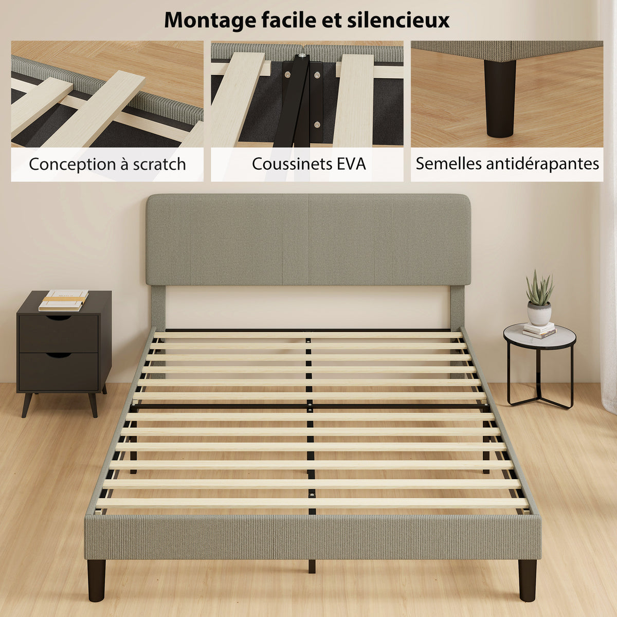Estructura de cama de 160 x 200 cm, somier de láminas de madera, cabecero ajustable, cama doble tapizada en pana, gris