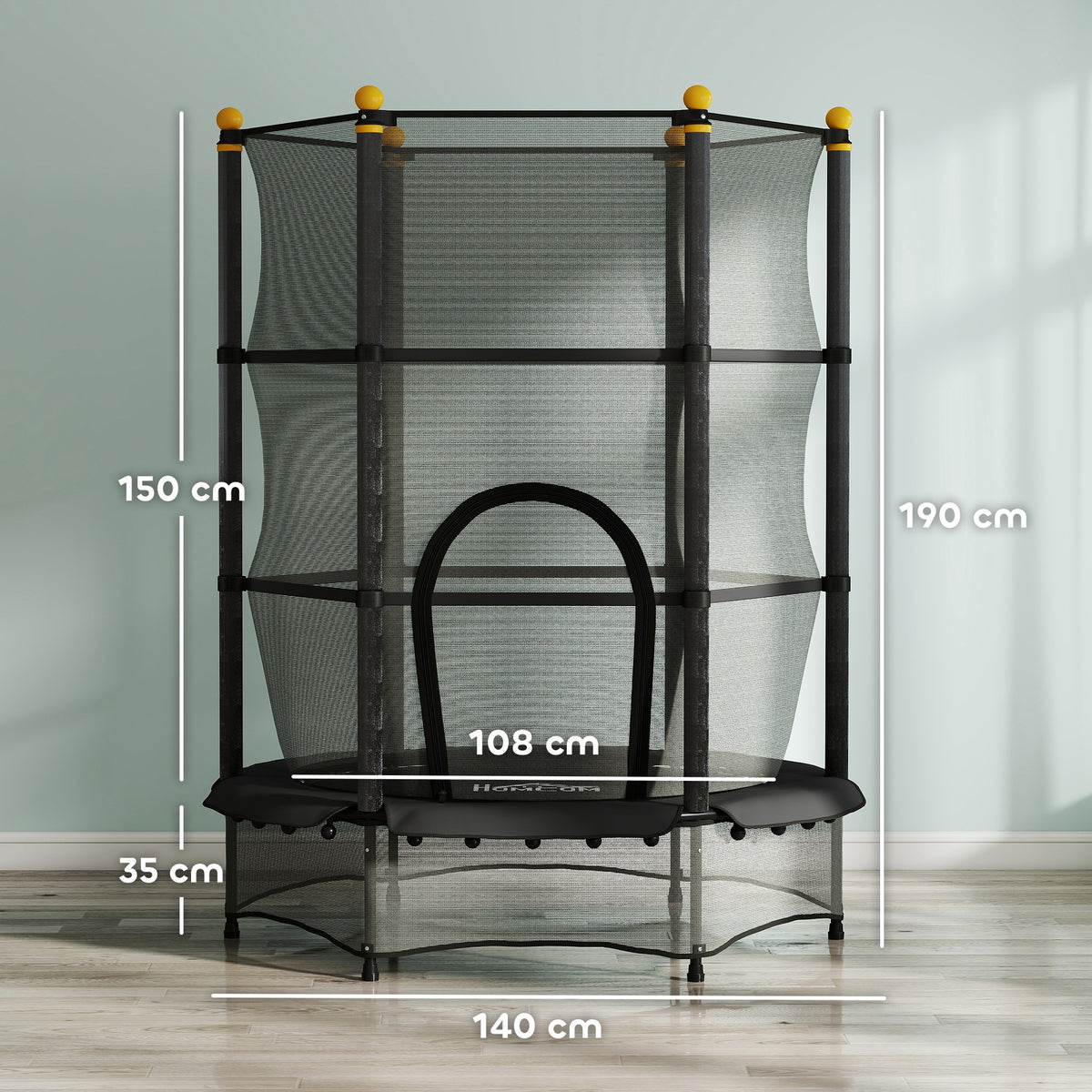 Trampoline Enfant Ø 1,40 × 1,90H m Filet de sécurité Porte zipée Couvre-Ressorts 6 poteaux rembourrés Inclus Noir