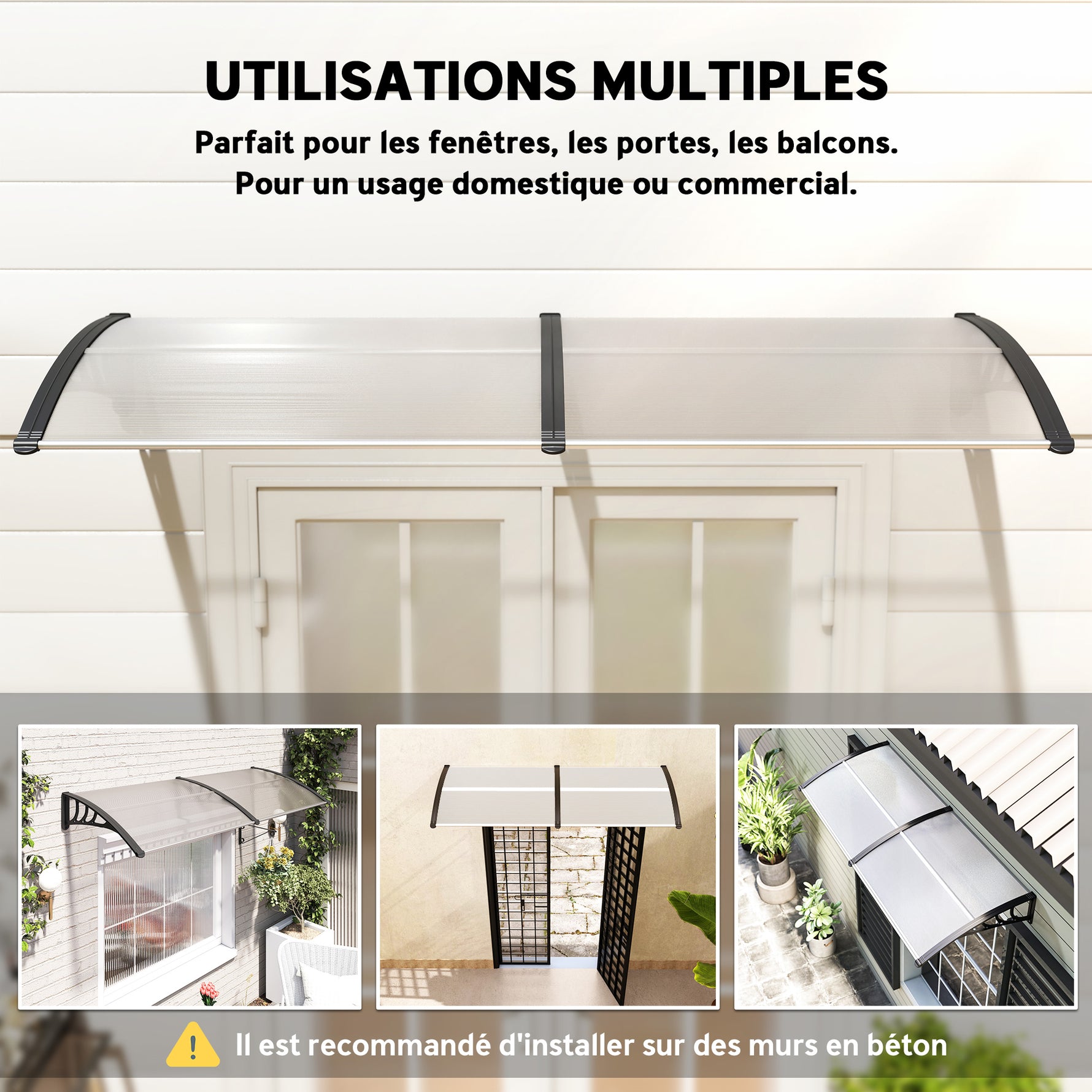 Auvent de porte d'entrée, toit marquise de porte exterieur en polycarbonate et profil aluminium résistante toit abri protection contre la pluie et UV pour terrasse, balcon, 195x75cm, transp.