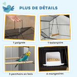 Cage à oiseaux sur pied, volière sur roulettes avec balançoire, support, design maison, 50,5 x 41 x 163 cm en acier noir