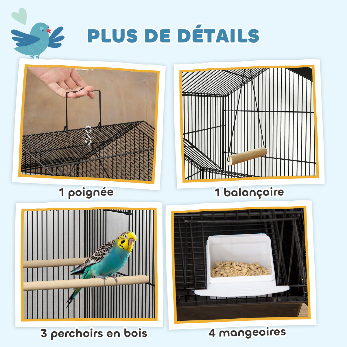 Cage à oiseaux sur pied, volière sur roulettes avec balançoire, support, design maison, 50,5 x 41 x 163 cm en acier noir