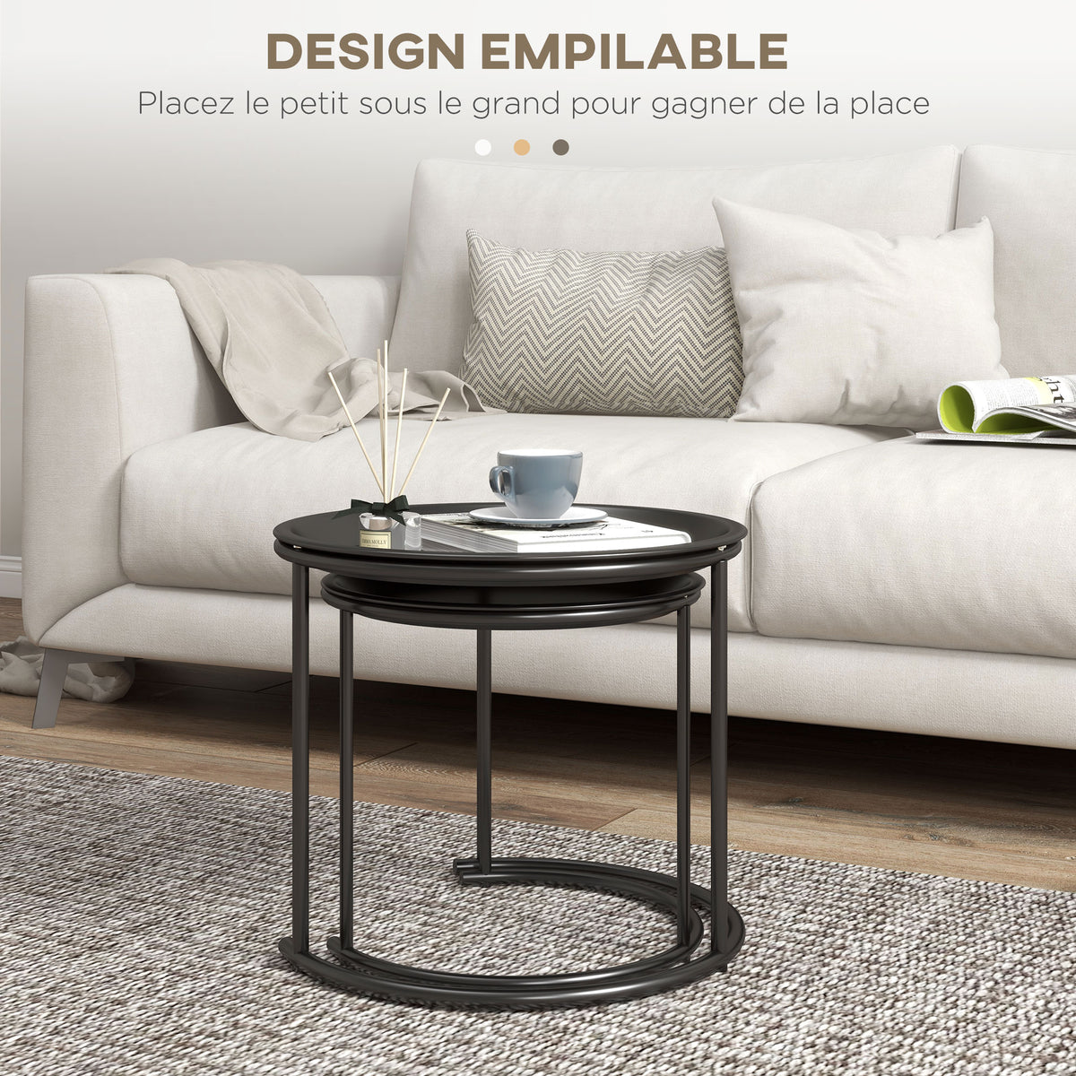 Lot de 2 tables basses rondes gigognes plateaux amovibles style industriel en acier Ø 43 et Ø 35 cm noir