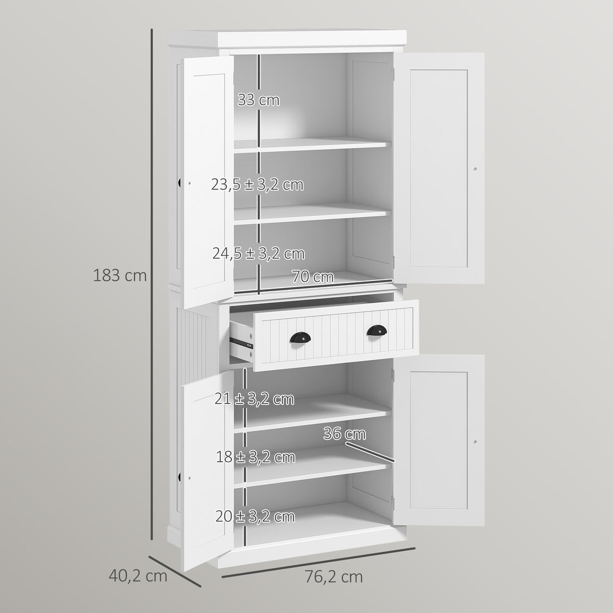 Armoire de cuisine buffet cuisine multi-rangements étagères réglables 4 portes grand tiroir 76,2 x 40,2 x 183 cm blanc
