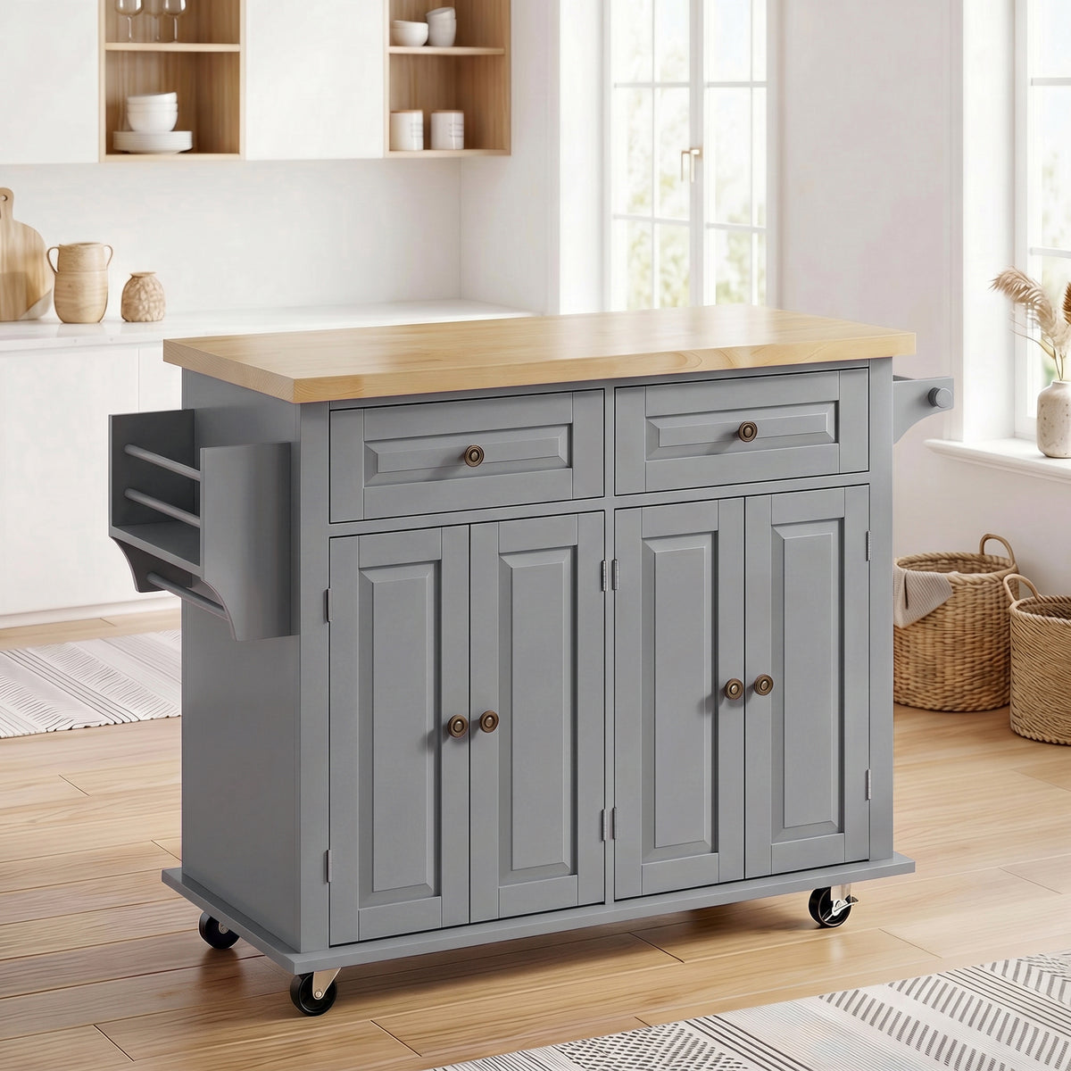 Isola Centrale da Cucina con Piano in Legno di Hevea, Carrello da Cucina su Ruote con 2 Cassetti, 111 x 44,5 x 82,5 cm, Grigio