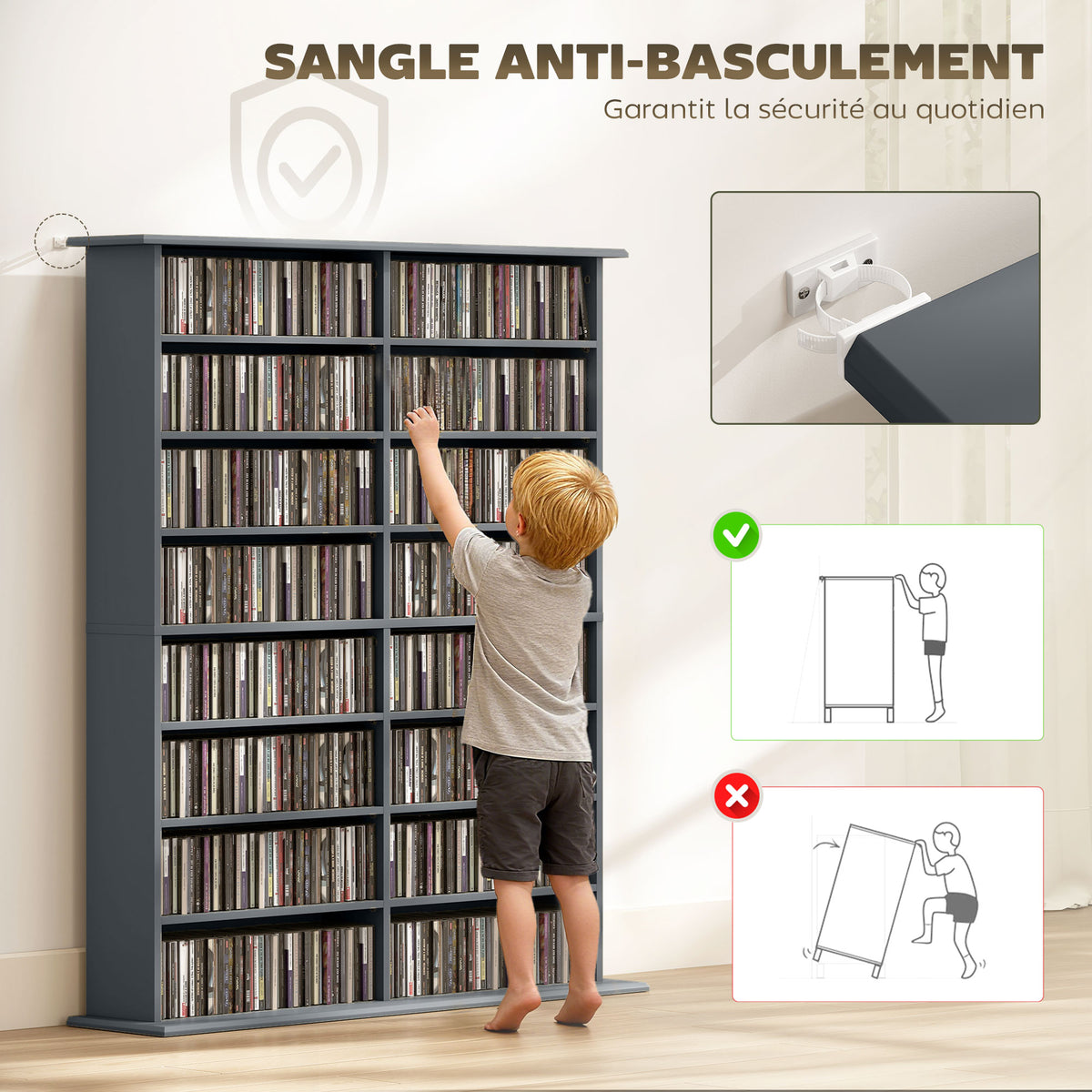 Mobile porta CD e DVD con 16 scomparti e 12 ripiani regolabili, capacità max. 720 CD/396 DVD e Blu-ray, grigio