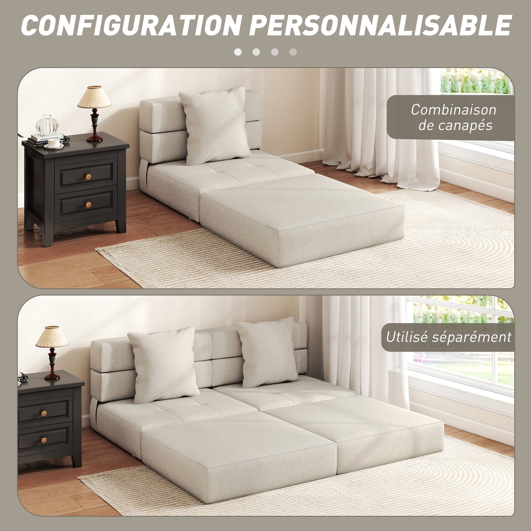 Chauffeuse canapé-lit convertible fauteuil 1 place avec 1 coussin déhoussable, tissu beige