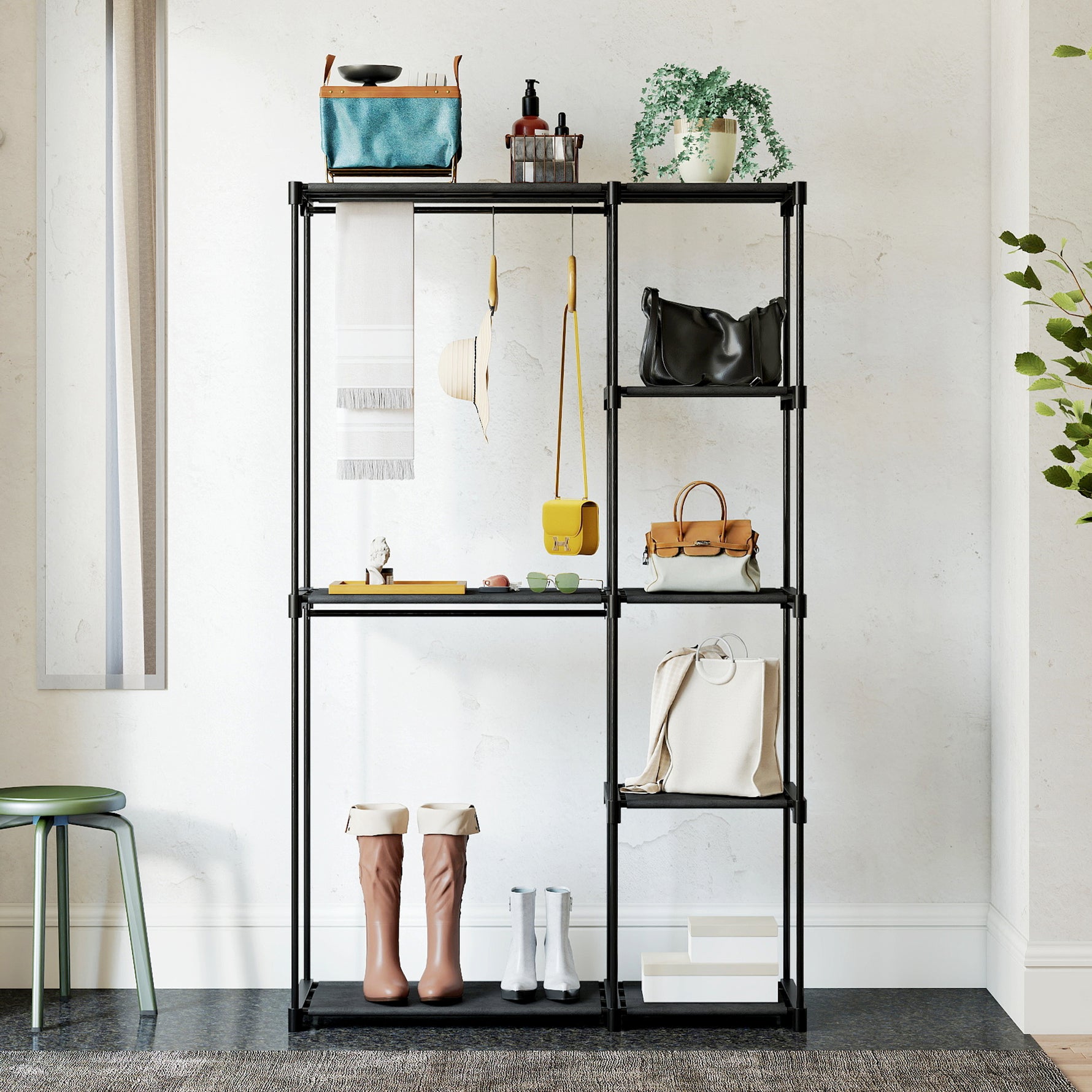 Armoire de rangement, penderie portable avec 2 barres de suspension et 6 étagères, 111 x 43 x 185 cm, noir