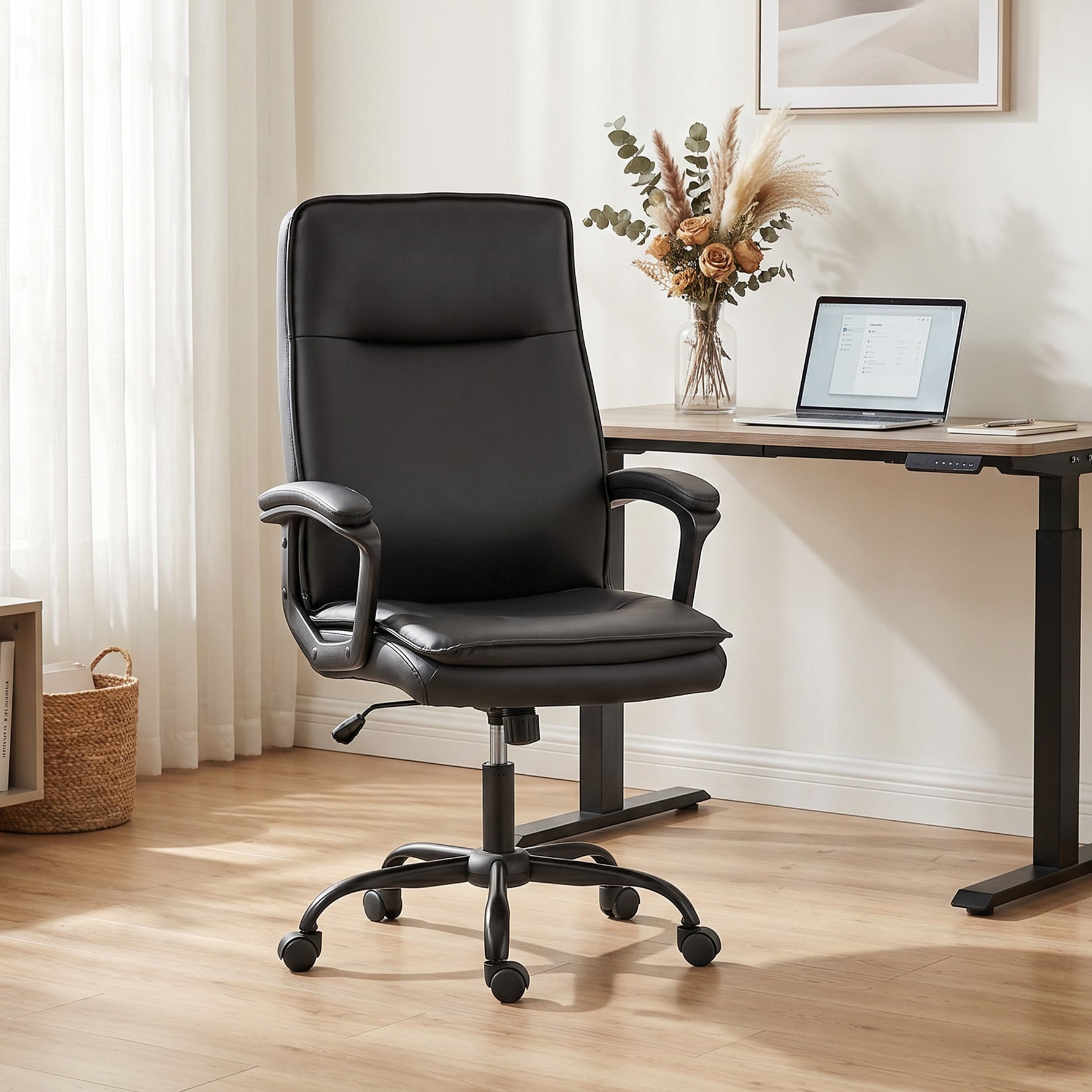 Chaise bureau ergonomique, fauteuil de bureau en PU, hauteur réglable, fonction bascule, pivotante 360°, noir