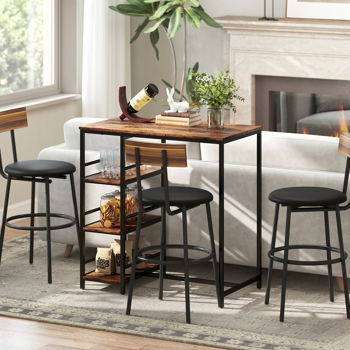 Mesa de bar alta con 3 estantes de almacenamiento y estructura de acero, 90 x 50 x 90,5 cm, marrón rústico, negro