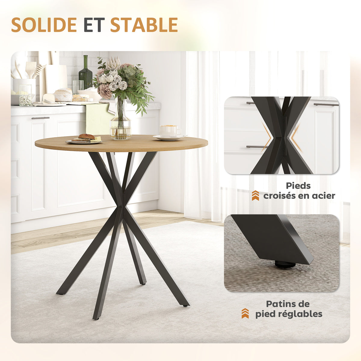 Mesa de comedor redonda para 2 personas con tablero efecto madera y base cruzada de acero, blanco roble